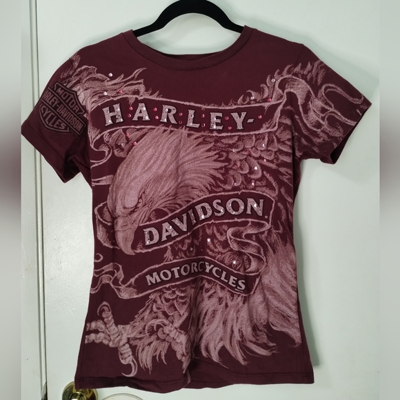 Harley-Davidson Tops - Harley Davidson Eagle Stud Rhinestones Womens Biker Burgundy Red L Shirt USA